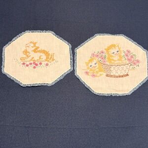 Vintage Hand Embroidered Kitten Doilies Set of 2 Octagon Crochet Lace Trim Linen